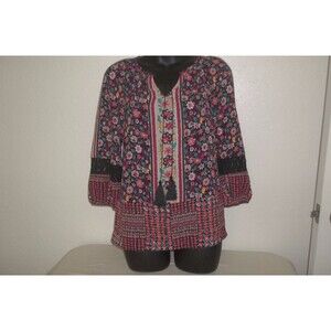 Figueroa and Flower Petite L Floral Multi Color Print Split Neck Boho Top